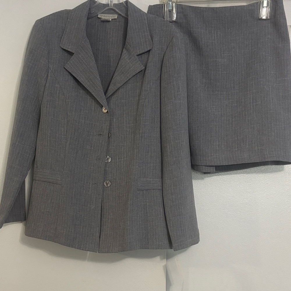 Classic Grey Pinstripe Skirt Suit Jacket and Skirt Set